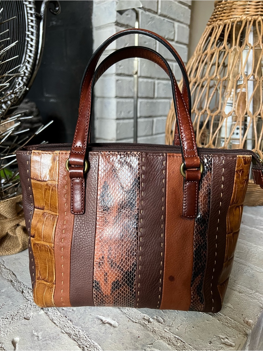 Fossil Vintage Y2K Multi Texture Leather Patchwork Satchel Purse